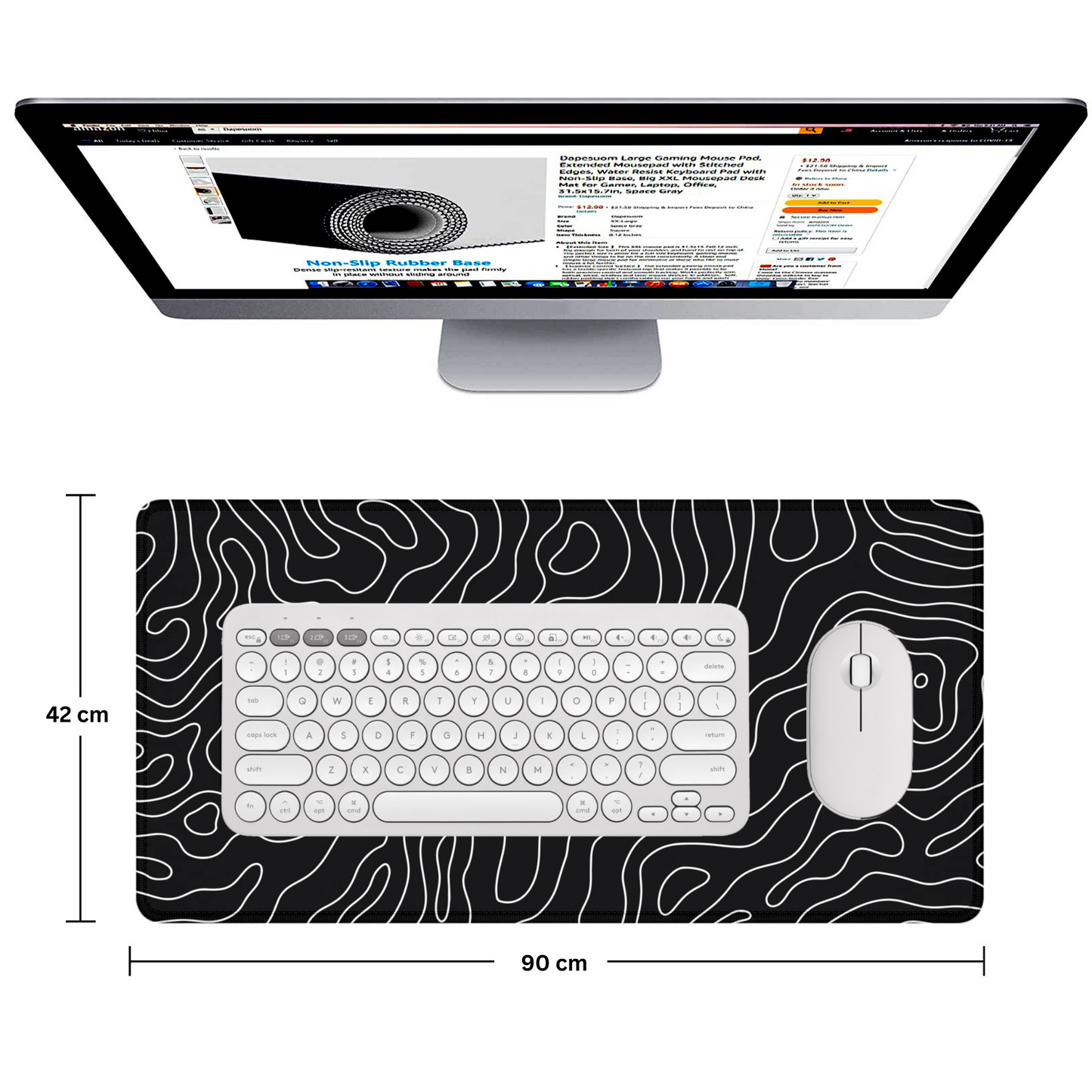 Extended Gaming Mouse Pad XXL – Large Desk Mat with Non-Slip Rubber Base & Smooth Surface – Black Topographic Design