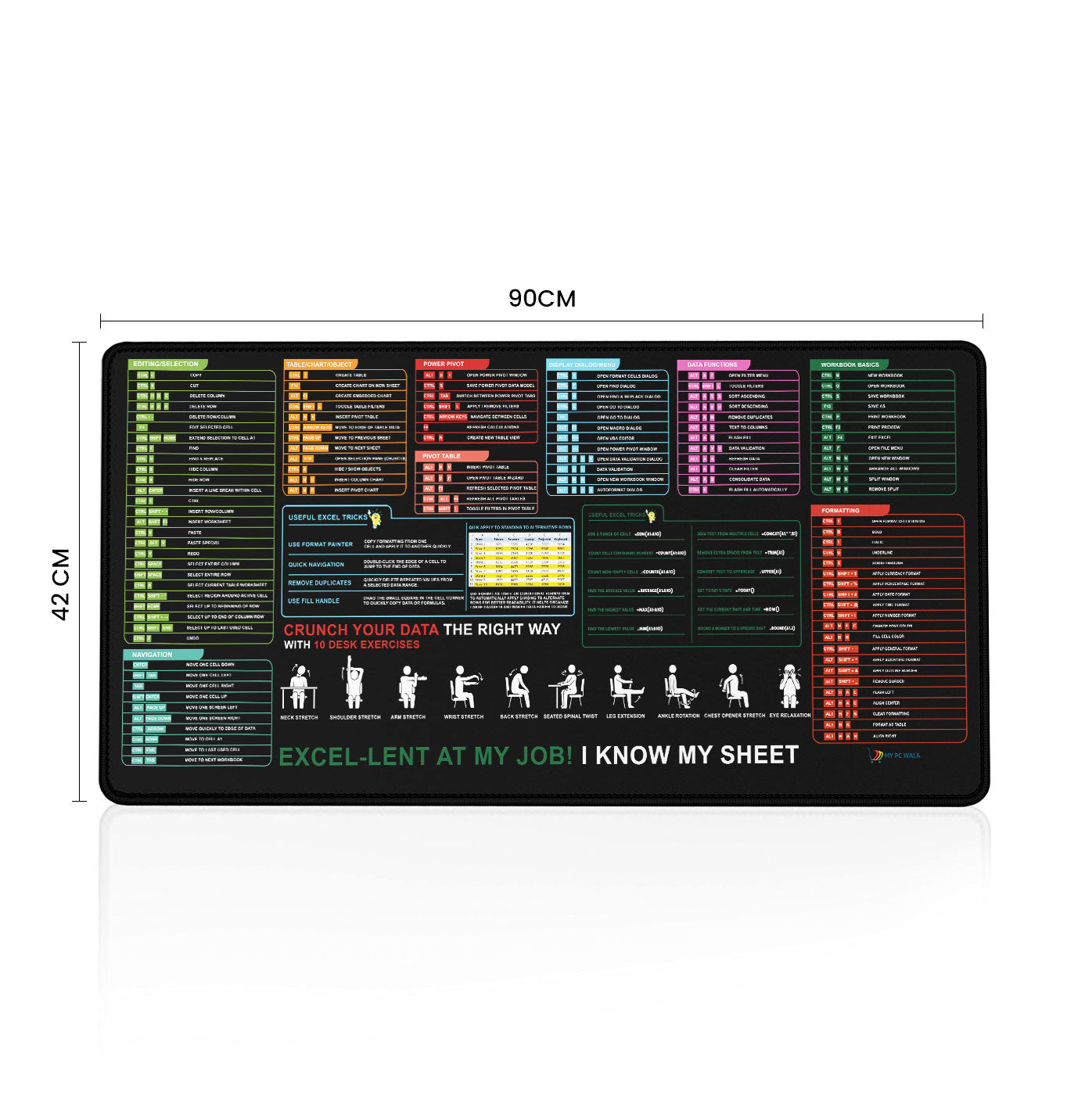 Excel Shortcut Guide Desk Mat 90x42 CM – Extended Mouse Pad with Formula & Shortcut Chart | Non-Slip Rubber Base | Waterproof Smooth Surface for Office & Work