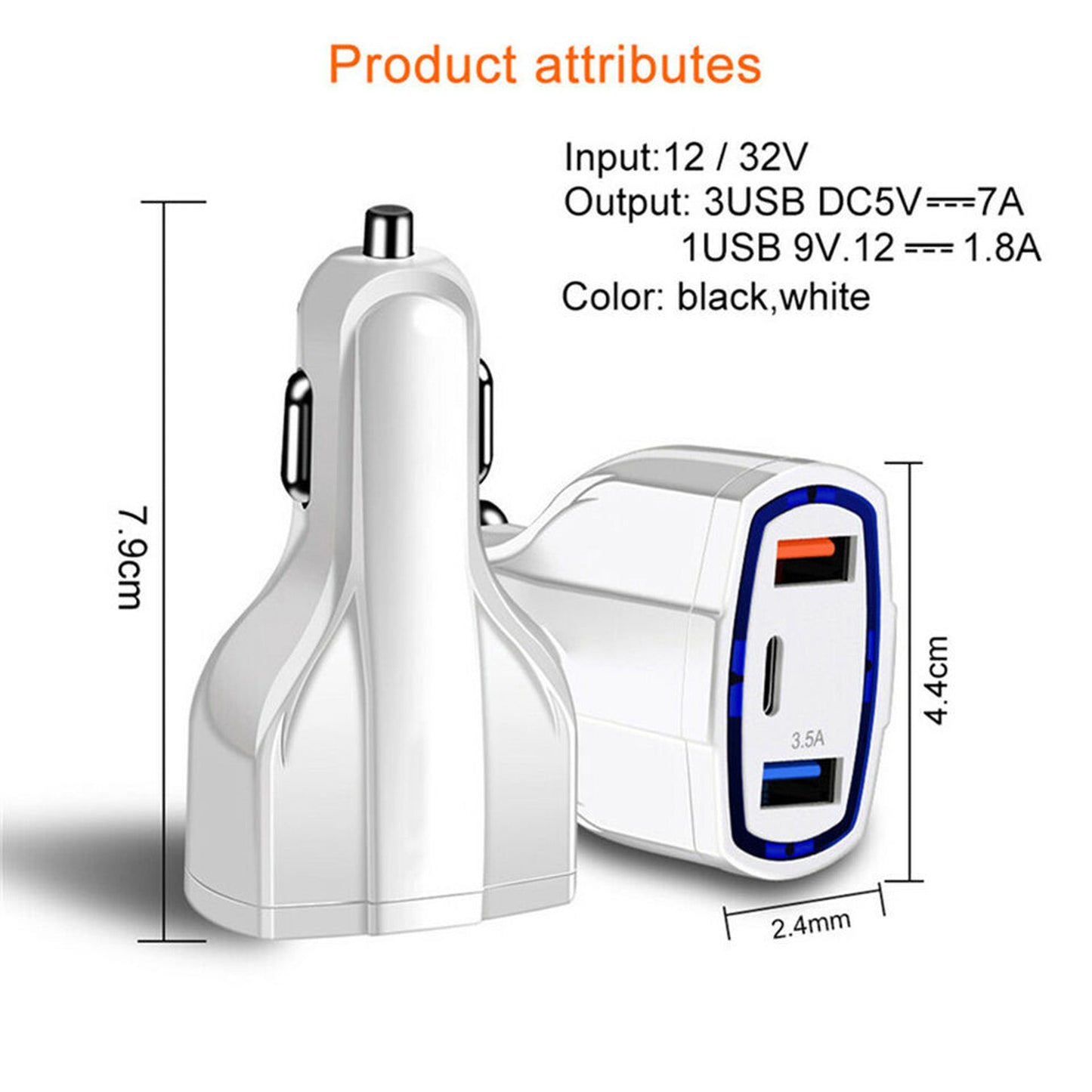 3-Port USB Fast Car Charger Adapter Type C Port for Android