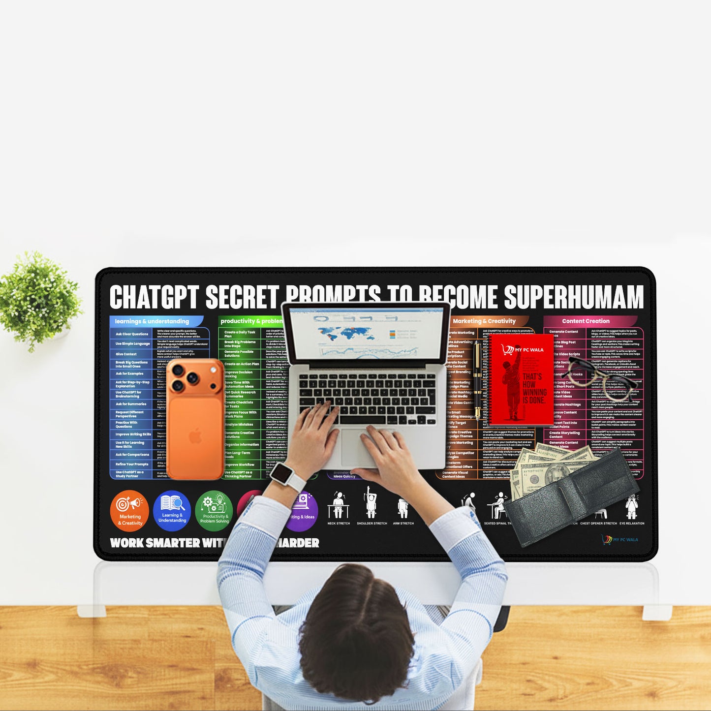 ChatGPT Secret Prompts Desk Mat 90x42 CM – Large Extended Mouse Pad | Non-Slip Rubber Base | AI Productivity, Writing & Marketing Guide Printed Desk Mat | Waterproof & Smooth Surface
