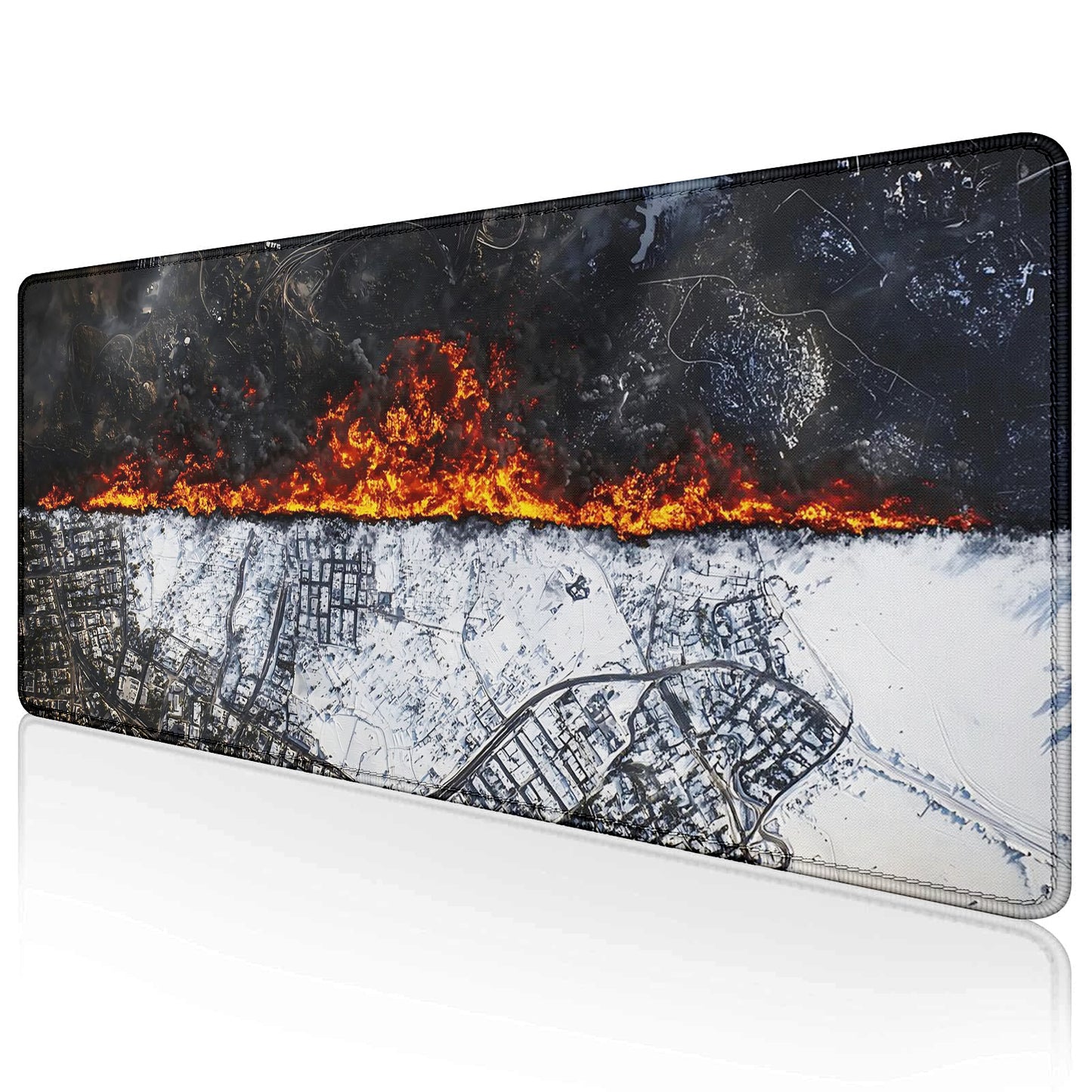 Fire & Ice Cityscape Extended Desk Mat – Stitched Edges, Non-Slip Base, Multiple Sizes