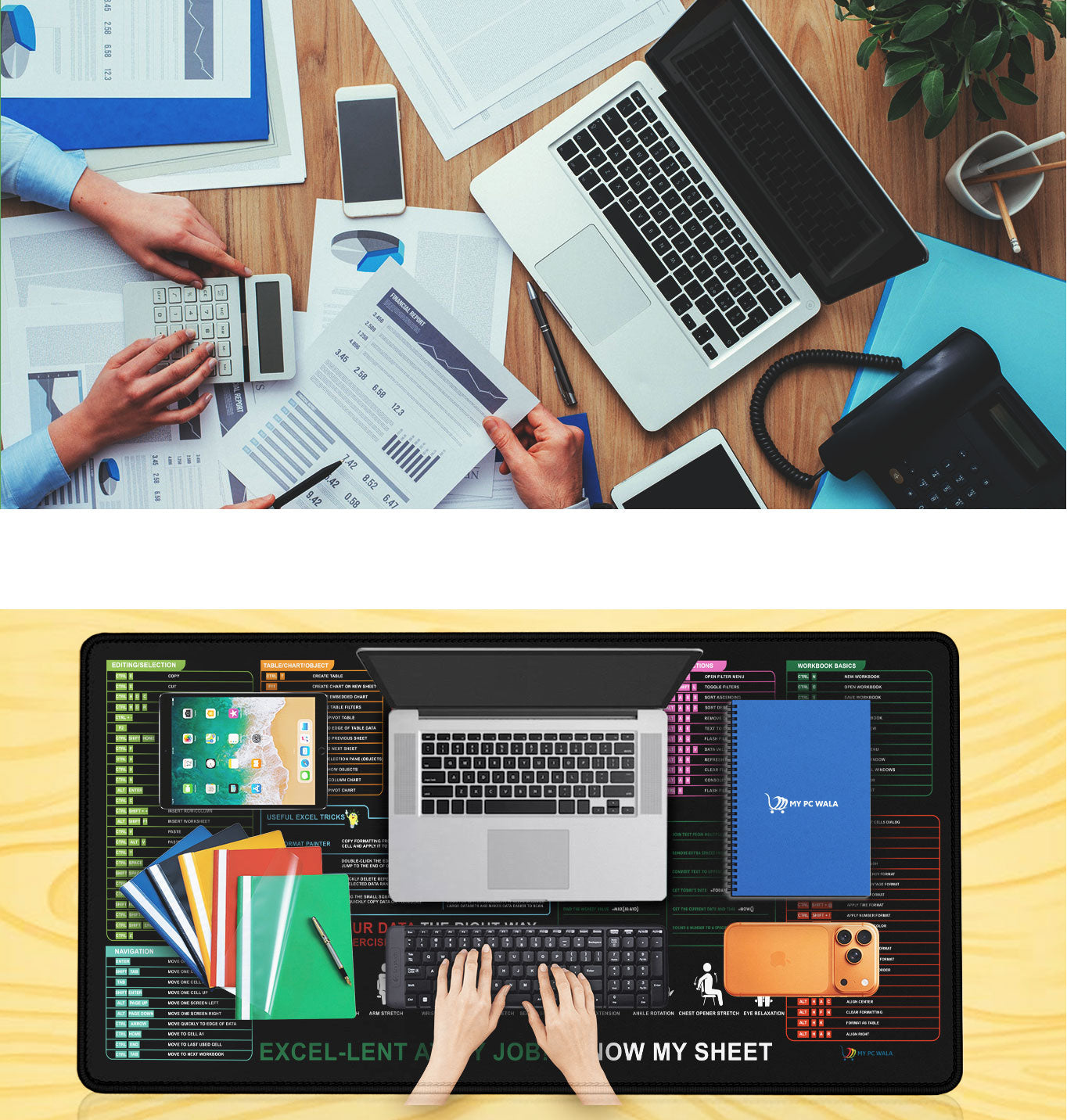 Excel Shortcut Guide Desk Mat 90x42 CM – Extended Mouse Pad with Formula & Shortcut Chart | Non-Slip Rubber Base | Waterproof Smooth Surface for Office & Work