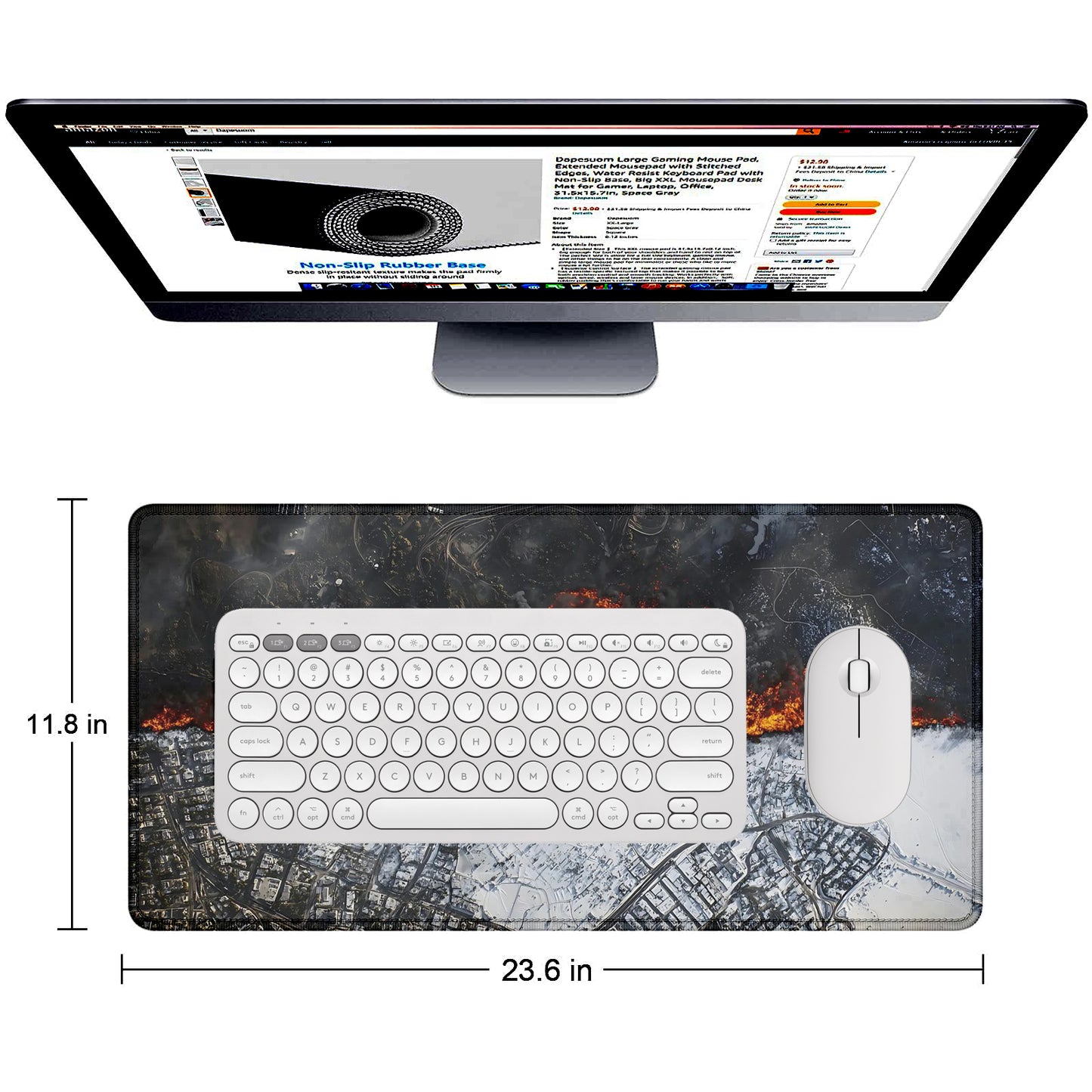 Fire & Ice Cityscape Extended Desk Mat – Stitched Edges, Non-Slip Base, Multiple Sizes