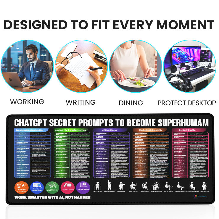 ChatGPT Secret Prompts Desk Mat 80x30 CM – Extended Mouse Pad with AI Productivity Guide | Non-Slip Rubber Base | Smooth Waterproof Surface for Office, Study & Gaming