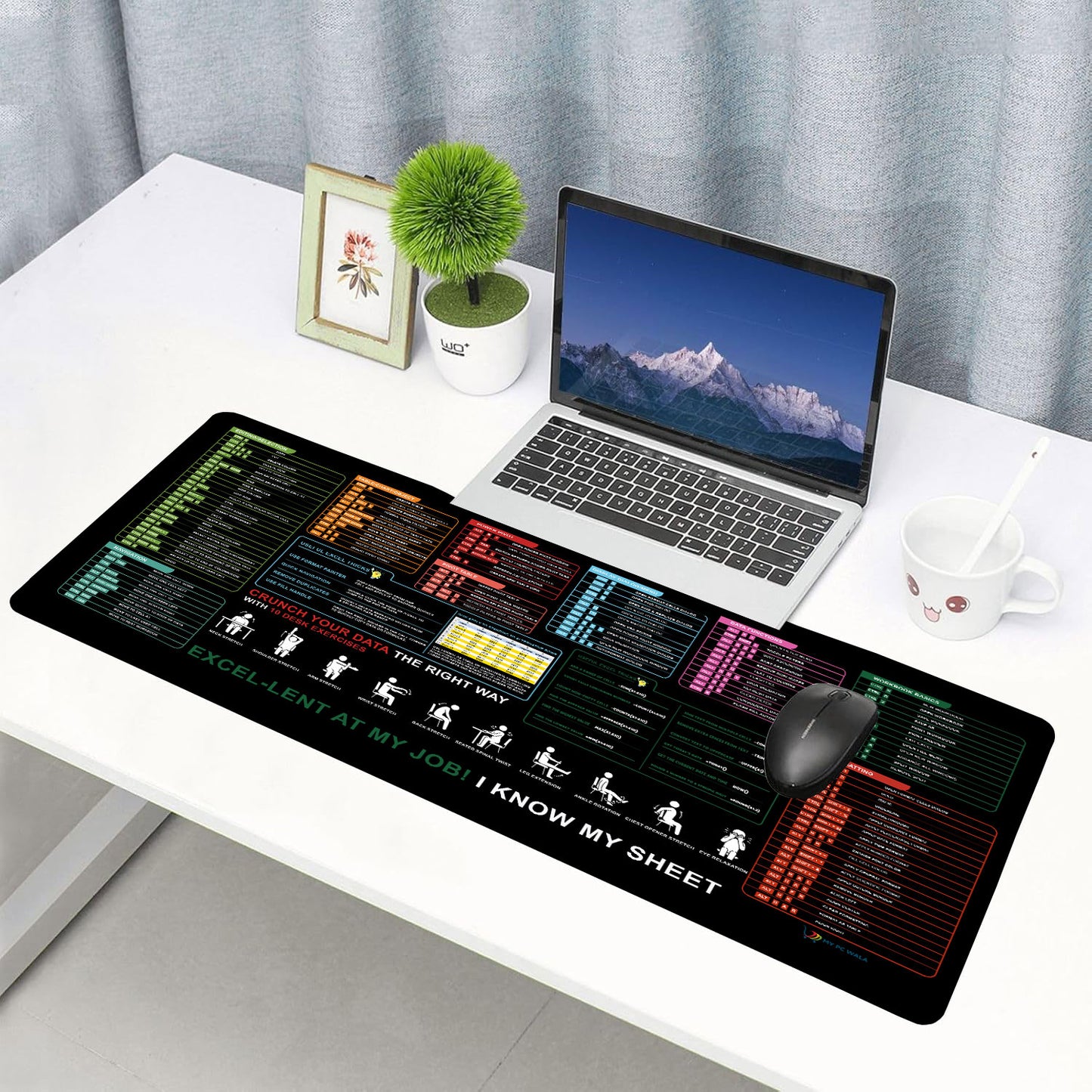 Excel Shortcut Guide Desk Mat 90x42 CM – Extended Mouse Pad with Formula & Shortcut Chart | Non-Slip Rubber Base | Waterproof Smooth Surface for Office & Work