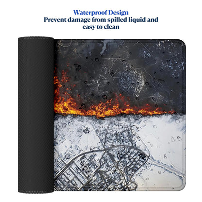 Fire & Ice Cityscape Extended Desk Mat – Stitched Edges, Non-Slip Base, Multiple Sizes