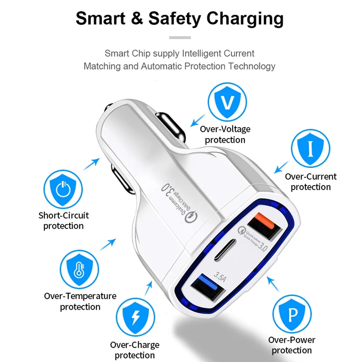 3-Port USB Fast Car Charger Adapter Type C Port for Android