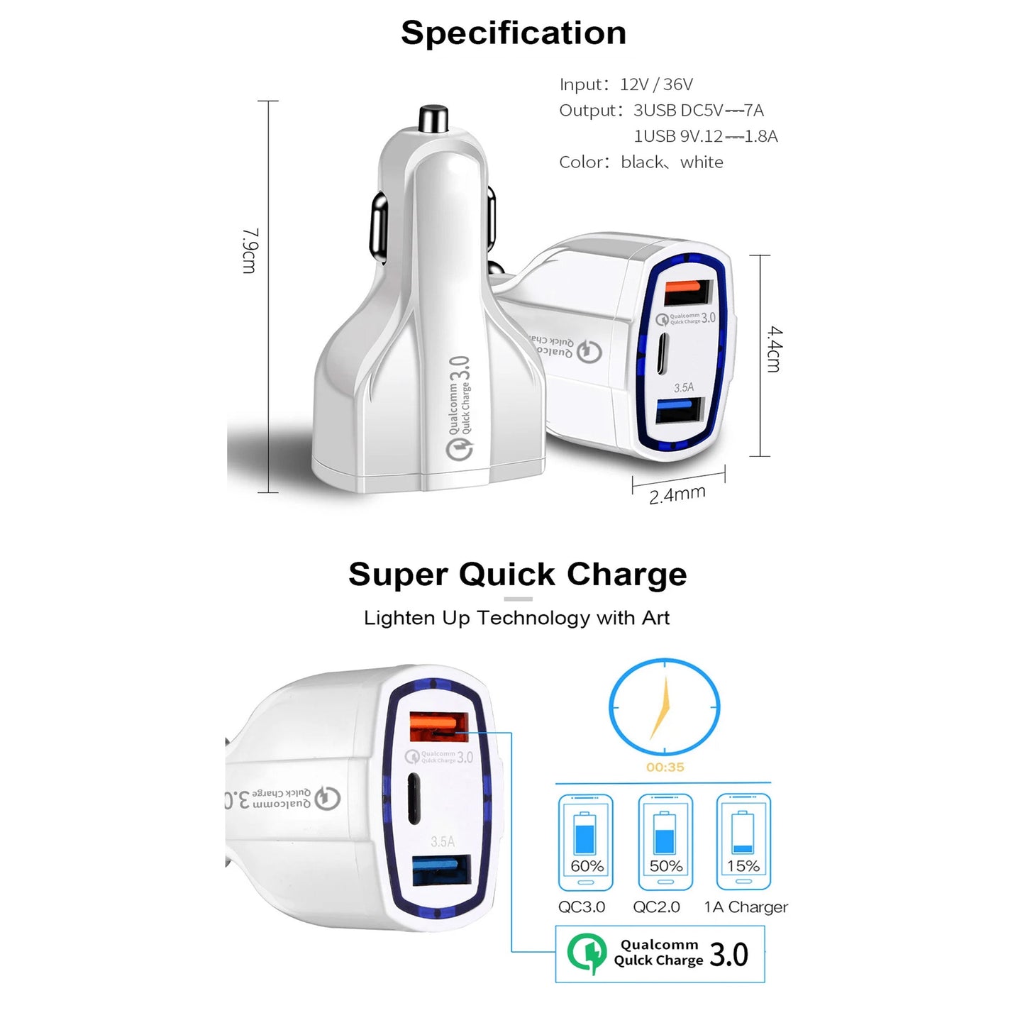 3-Port USB Fast Car Charger Adapter Type C Port for Android
