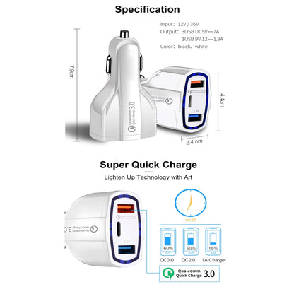 3-Port USB Fast Car Charger Adapter Type C Port for Android