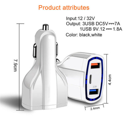 3-Port USB Fast Car Charger Adapter Type C Port for Android