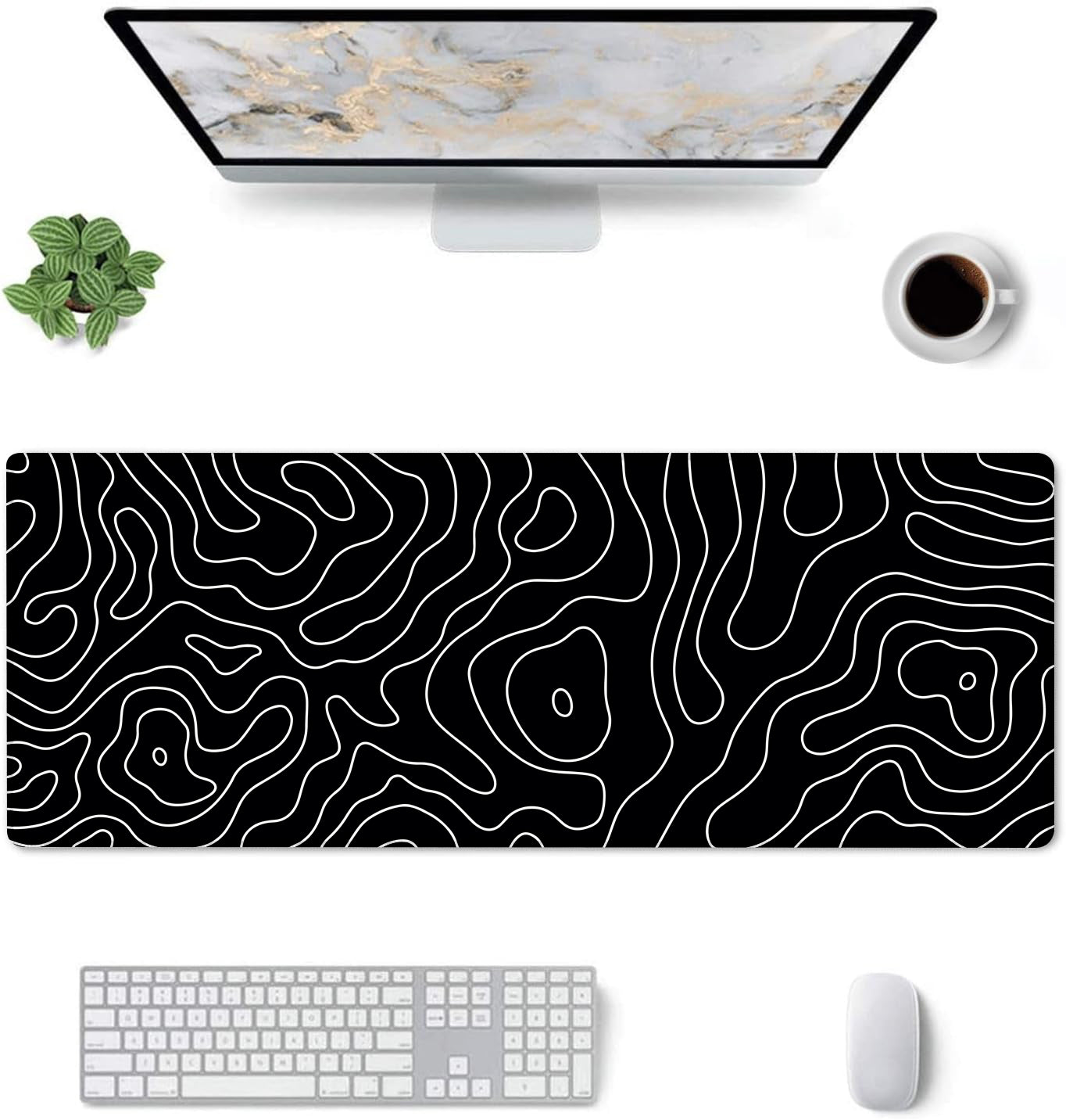Extended Gaming Mouse Pad XXL – Large Desk Mat with Non-Slip Rubber Base & Smooth Surface – Black Topographic Design