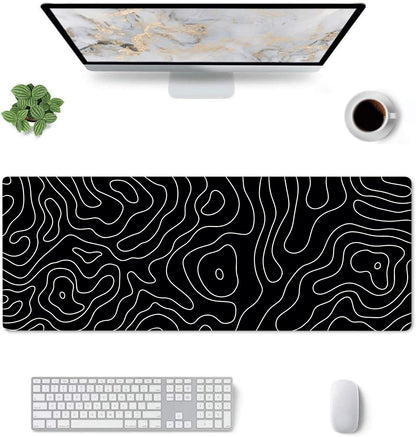 Extended Gaming Mouse Pad XXL – Large Desk Mat with Non-Slip Rubber Base & Smooth Surface – Black Topographic Design