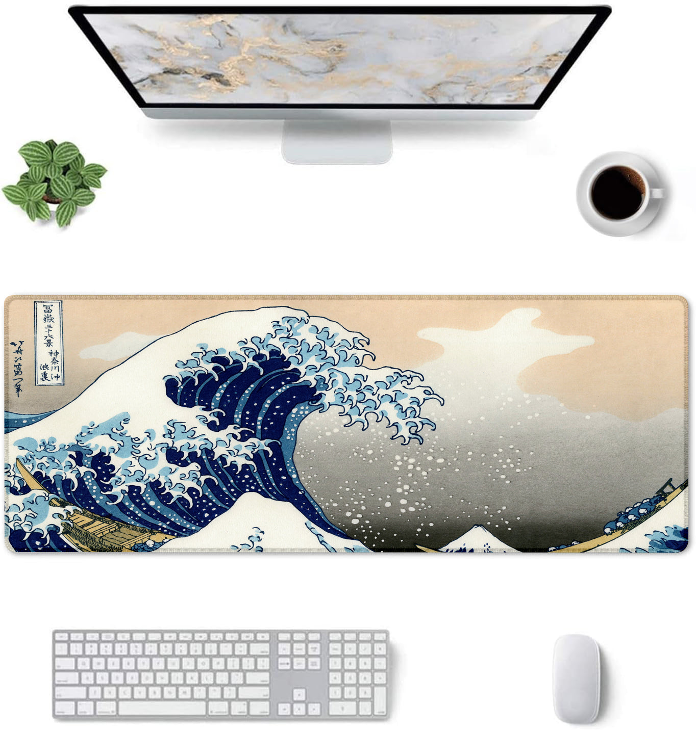 The Great Wave Stitched Desk Mat | Japanese Art Mouse Pad | Large Gaming & Office Desk Mat | Non-Slip Rubber Base | Extended Mat for Keyboard & Laptop