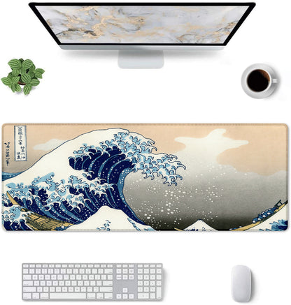 The Great Wave Stitched Desk Mat | Japanese Art Mouse Pad | Large Gaming & Office Desk Mat | Non-Slip Rubber Base | Extended Mat for Keyboard & Laptop