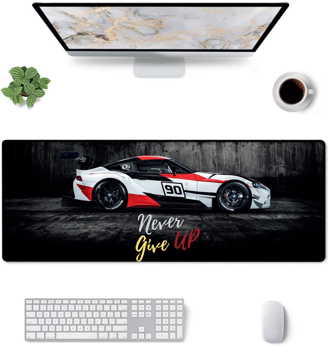 Never Give Up Racing Car Stitched Desk Mat | Large Gaming & Office Mouse Pad | Non-Slip Rubber Base | Extended Desk Mat for Keyboard & Laptop
