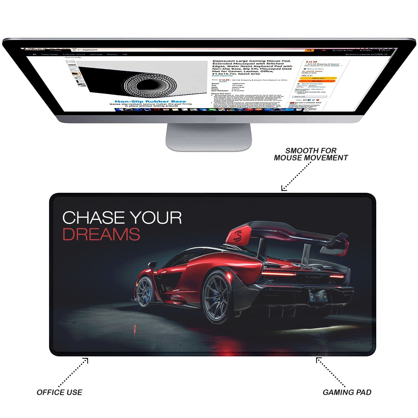 Chase Your Dreams Premium Stitched Desk Mat | Large Gaming & Office Mouse Pad | Non-Slip Rubber Base | Smooth Surface for Laptop, Keyboard & Mouse