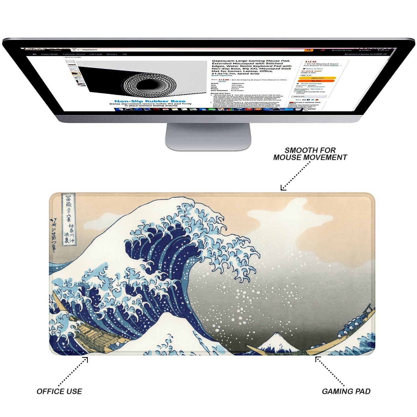 The Great Wave Stitched Desk Mat | Japanese Art Mouse Pad | Large Gaming & Office Desk Mat | Non-Slip Rubber Base | Extended Mat for Keyboard & Laptop