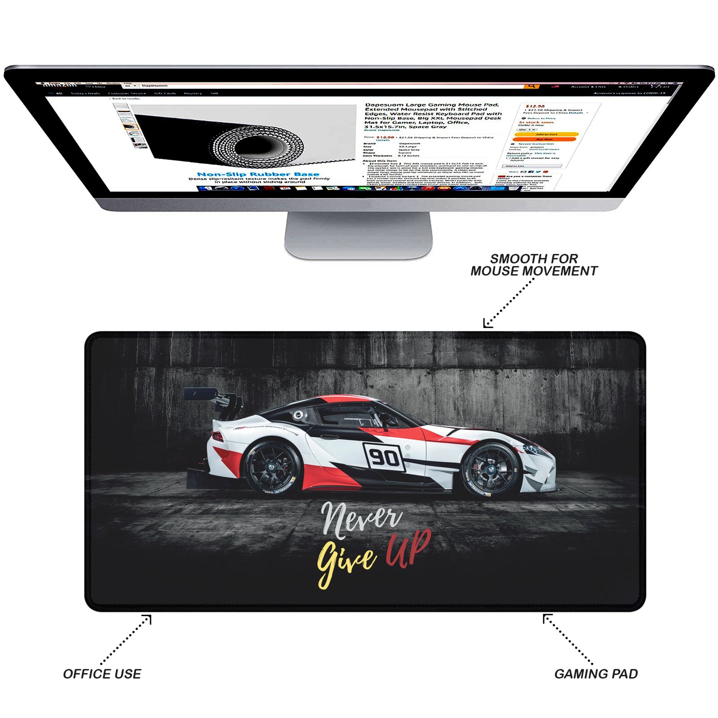 Never Give Up Racing Car Stitched Desk Mat | Large Gaming & Office Mouse Pad | Non-Slip Rubber Base | Extended Desk Mat for Keyboard & Laptop