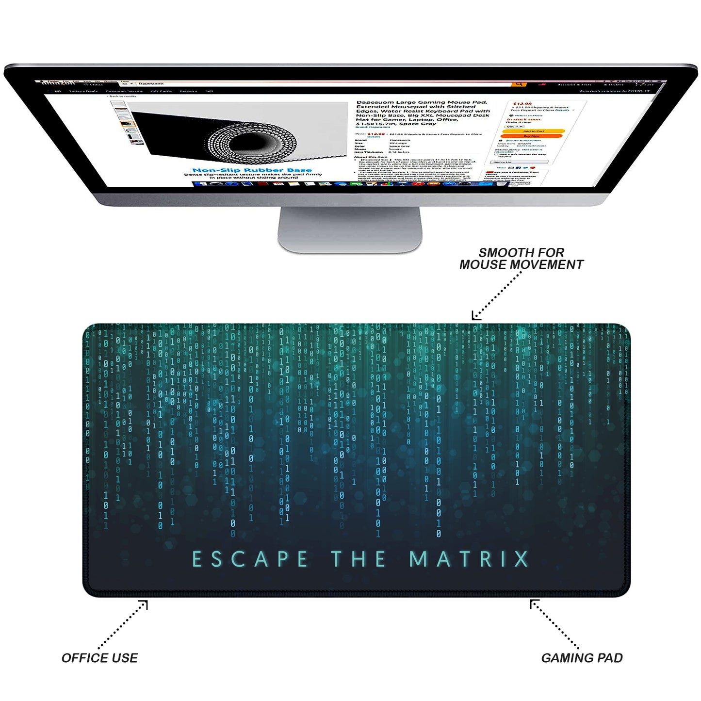 Escape the Matrix Stitched Desk Mat | Large Gaming & Office Mouse Pad | Non-Slip Rubber Base | Extended Desk Mat for Keyboard & Laptop