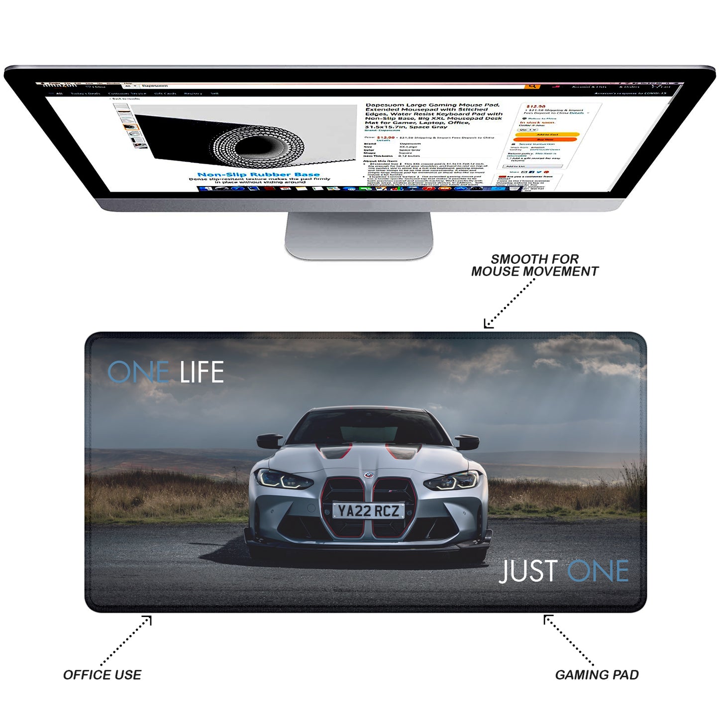 One Life Just One Supercar Stitched Desk Mat | Large Gaming & Office Mouse Pad | Non-Slip Rubber Base | Extended Desk Mat for Keyboard & Laptop