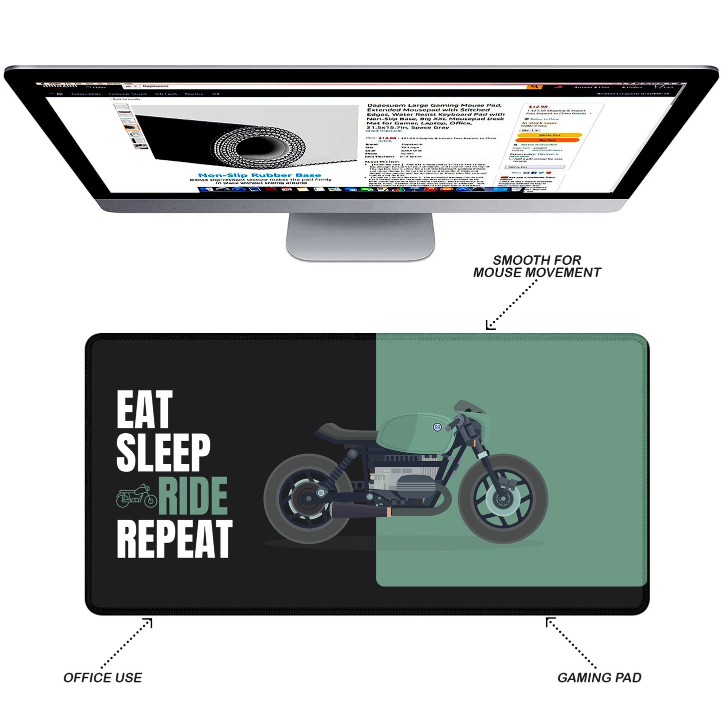 Eat Sleep Ride Repeat Motorcycle Stitched Desk Mat | Large Gaming & Office Mouse Pad | Non-Slip Rubber Base | Extended Desk Mat for Keyboard & Laptop