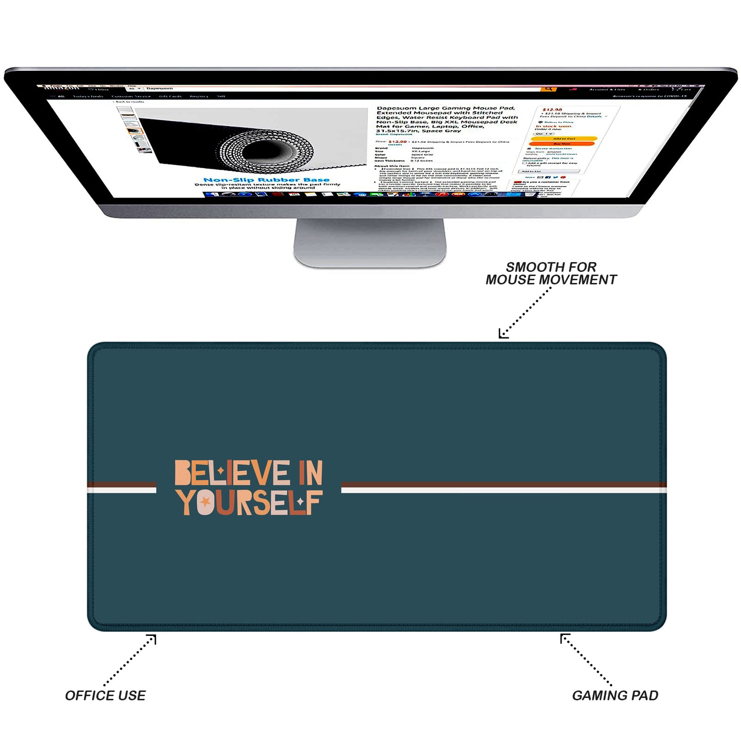 Believe In Yourself Desk Mat – Large Mouse Pad – Non-Slip Base, Smooth Surface, Inspirational Quote Design, Durable Stitched Edges – Office, Gaming