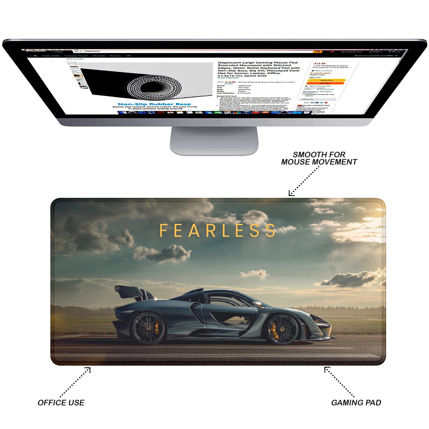 Fearless Supercar Stitched Desk Mat | Large Gaming & Office Mouse Pad | Non-Slip Rubber Base | Extended Desk Mat for Keyboard & Laptop