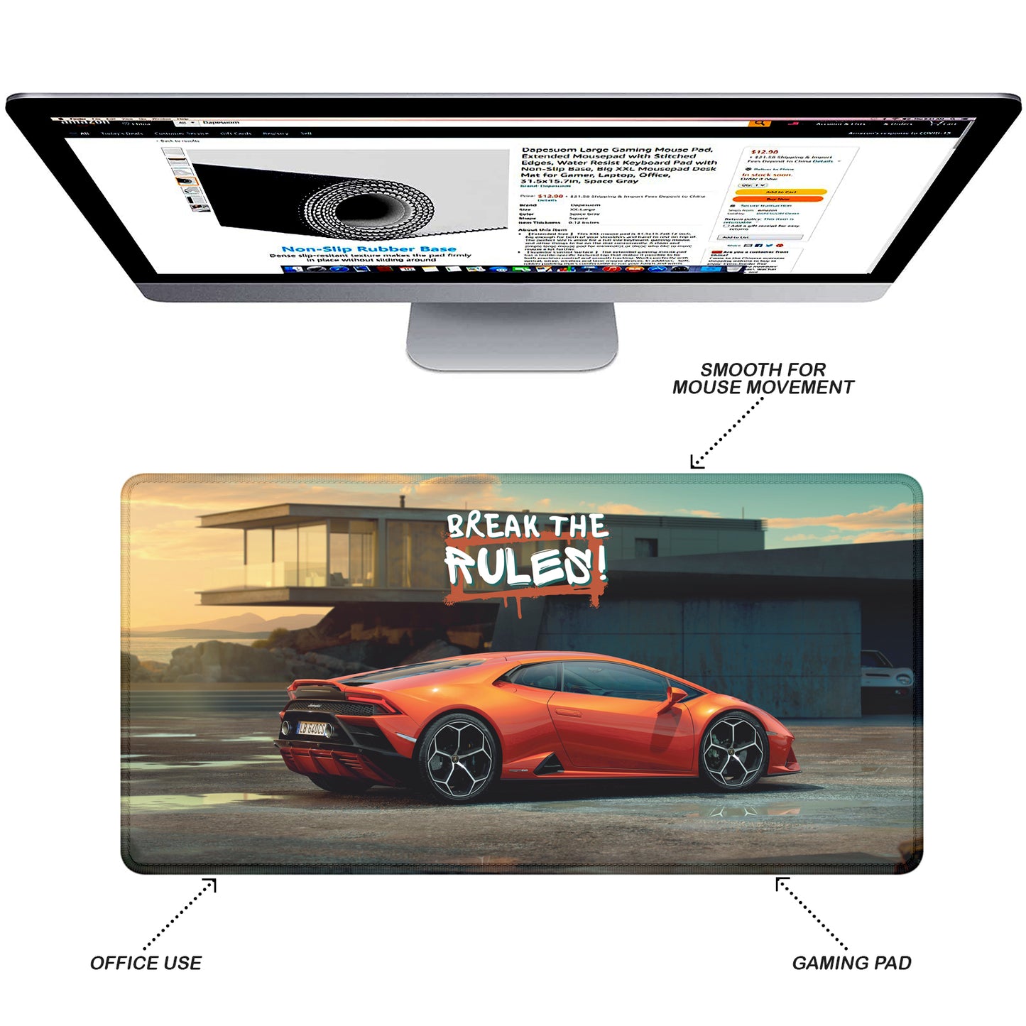 Break the Rules Supercar Stitched Desk Mat | Large Gaming & Office Mouse Pad | Non-Slip Rubber Base | Extended Desk Mat for Keyboard & Laptop