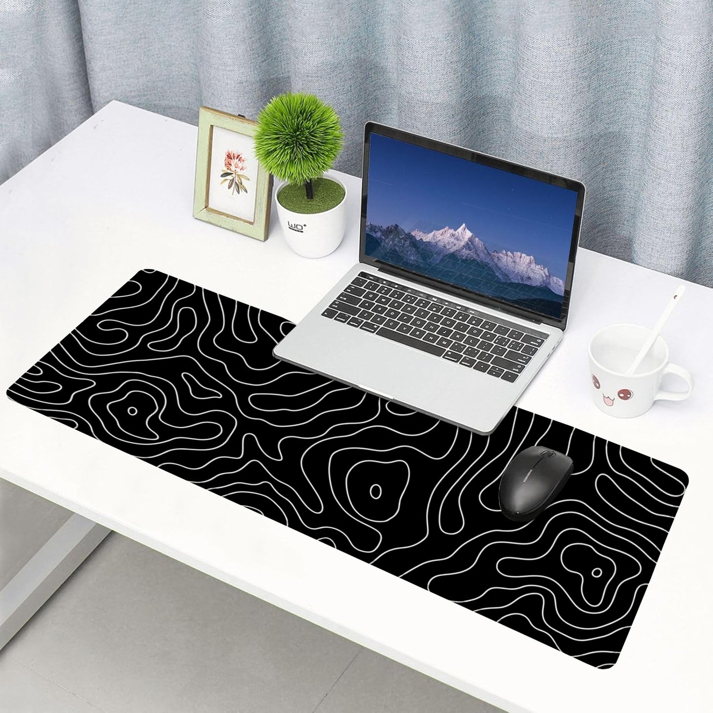 Extended Gaming Mouse Pad XXL – Large Desk Mat with Non-Slip Rubber Base & Smooth Surface – Black Topographic Design