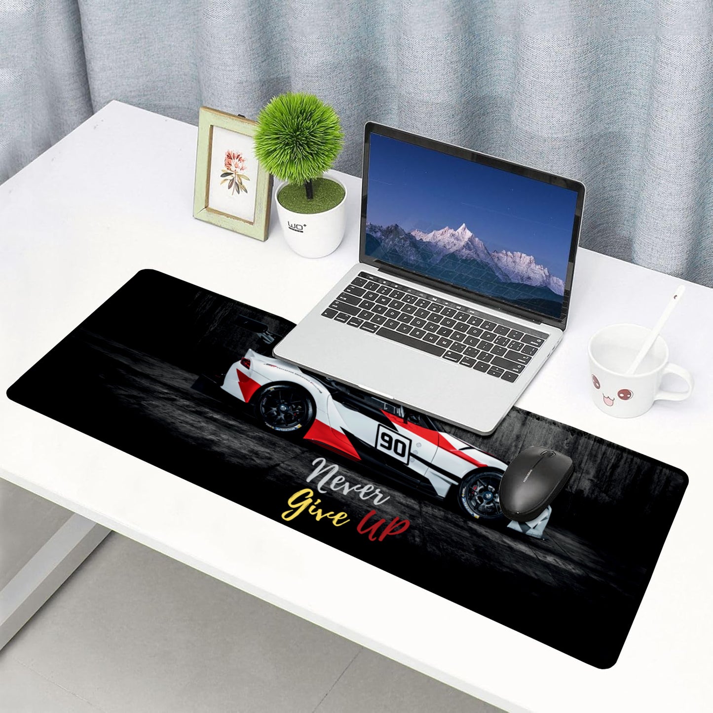 Never Give Up Racing Car Stitched Desk Mat | Large Gaming & Office Mouse Pad | Non-Slip Rubber Base | Extended Desk Mat for Keyboard & Laptop