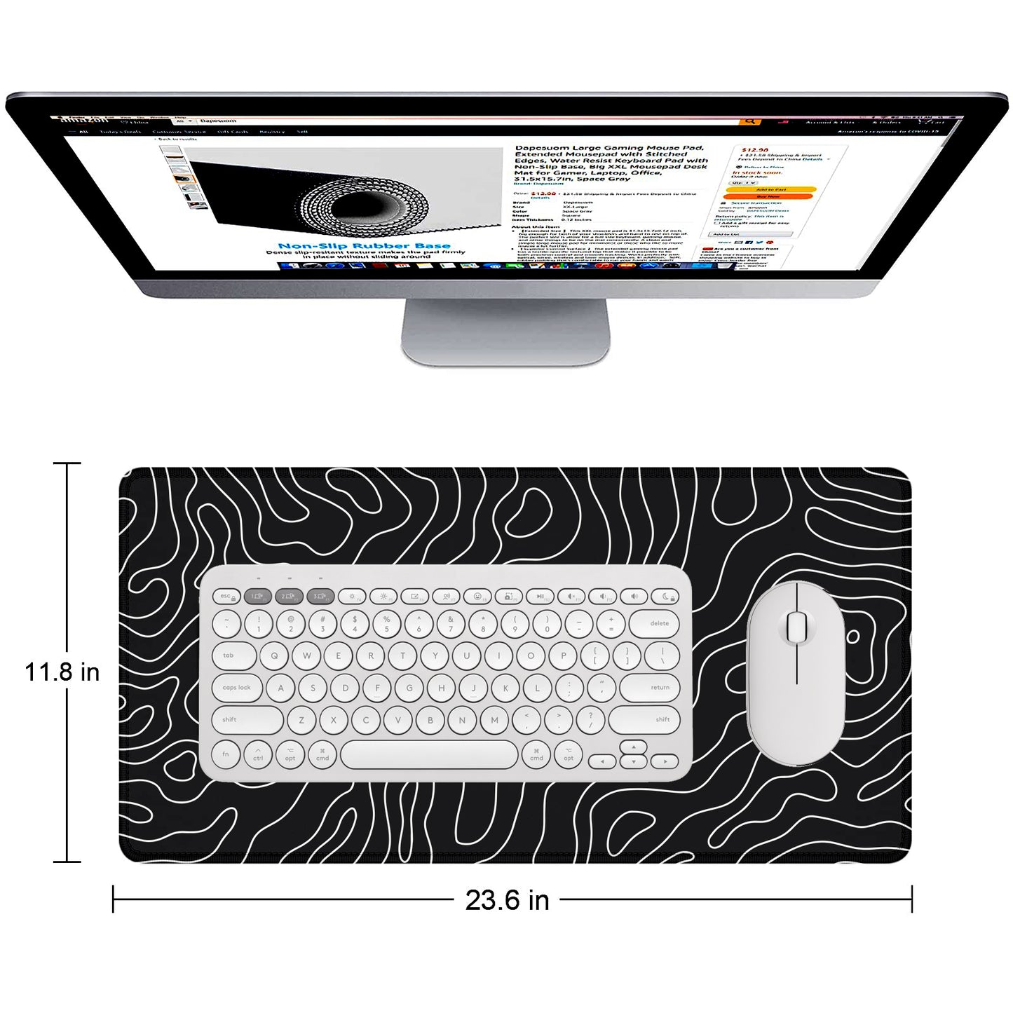 Extended Gaming Mouse Pad XXL – Large Desk Mat with Non-Slip Rubber Base & Smooth Surface – Black Topographic Design