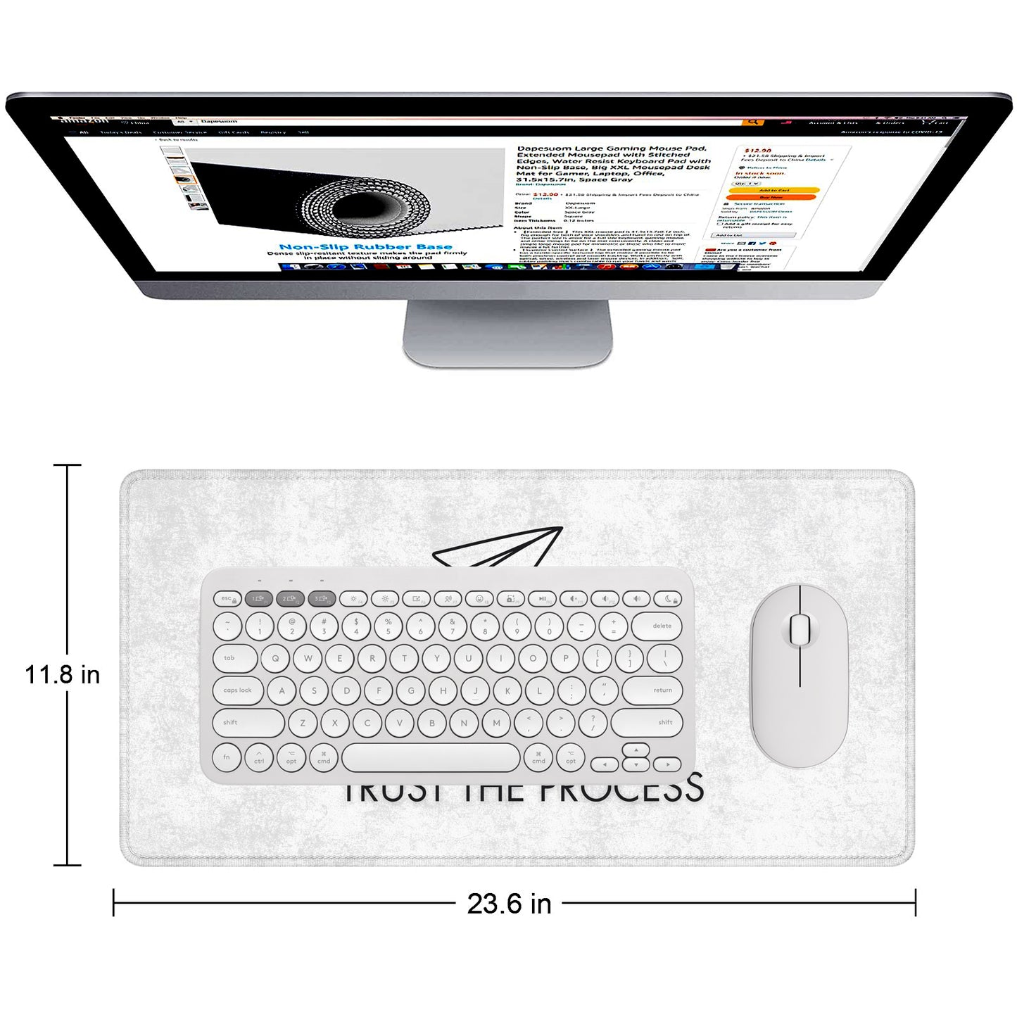 Trust The Process Stitched Desk Mat – Large Extended Mouse Pad – Minimalist Design, Non-Slip Rubber Base, Smooth Surface, Durable Edges – Office & Gaming Desk Accessory (Marble White)