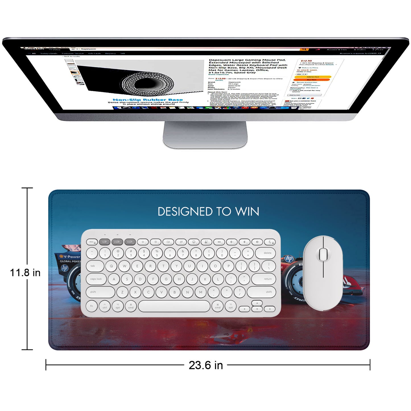 Designed to Win – Racing Car Stitched Desk Mat | Large Gaming & Office Mouse Pad | Non-Slip Rubber Base | Extended Desk Mat for Keyboard