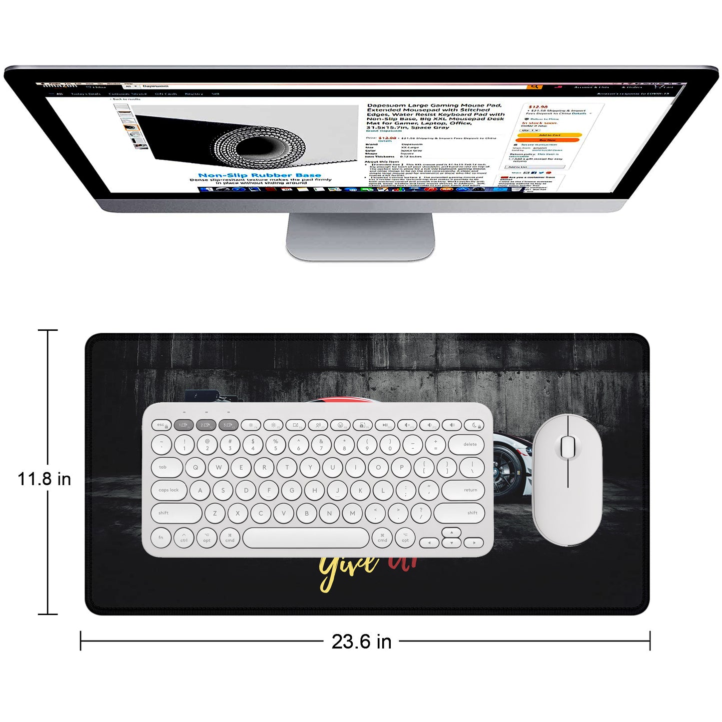 Never Give Up Racing Car Stitched Desk Mat | Large Gaming & Office Mouse Pad | Non-Slip Rubber Base | Extended Desk Mat for Keyboard & Laptop