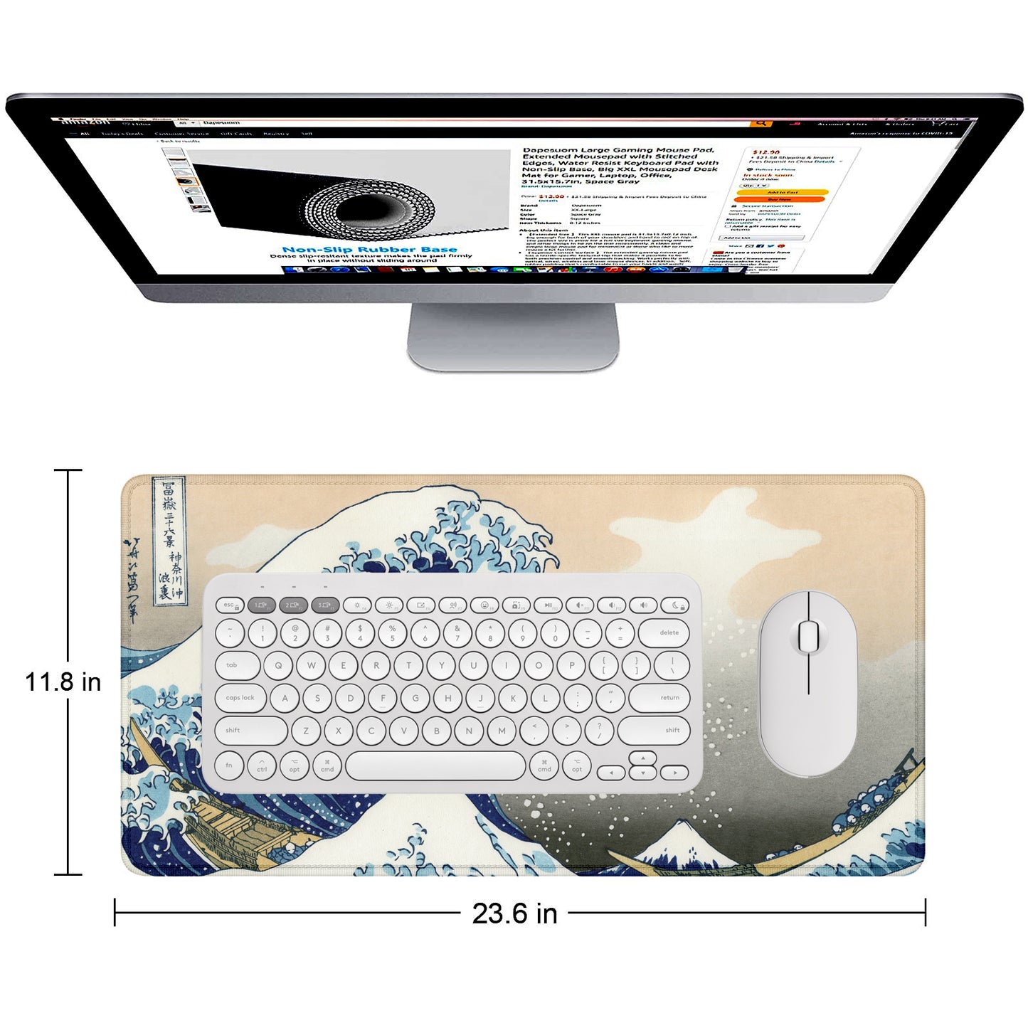 The Great Wave Stitched Desk Mat | Japanese Art Mouse Pad | Large Gaming & Office Desk Mat | Non-Slip Rubber Base | Extended Mat for Keyboard & Laptop