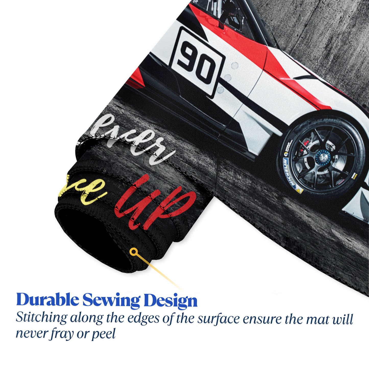 Never Give Up Racing Car Stitched Desk Mat | Large Gaming & Office Mouse Pad | Non-Slip Rubber Base | Extended Desk Mat for Keyboard & Laptop